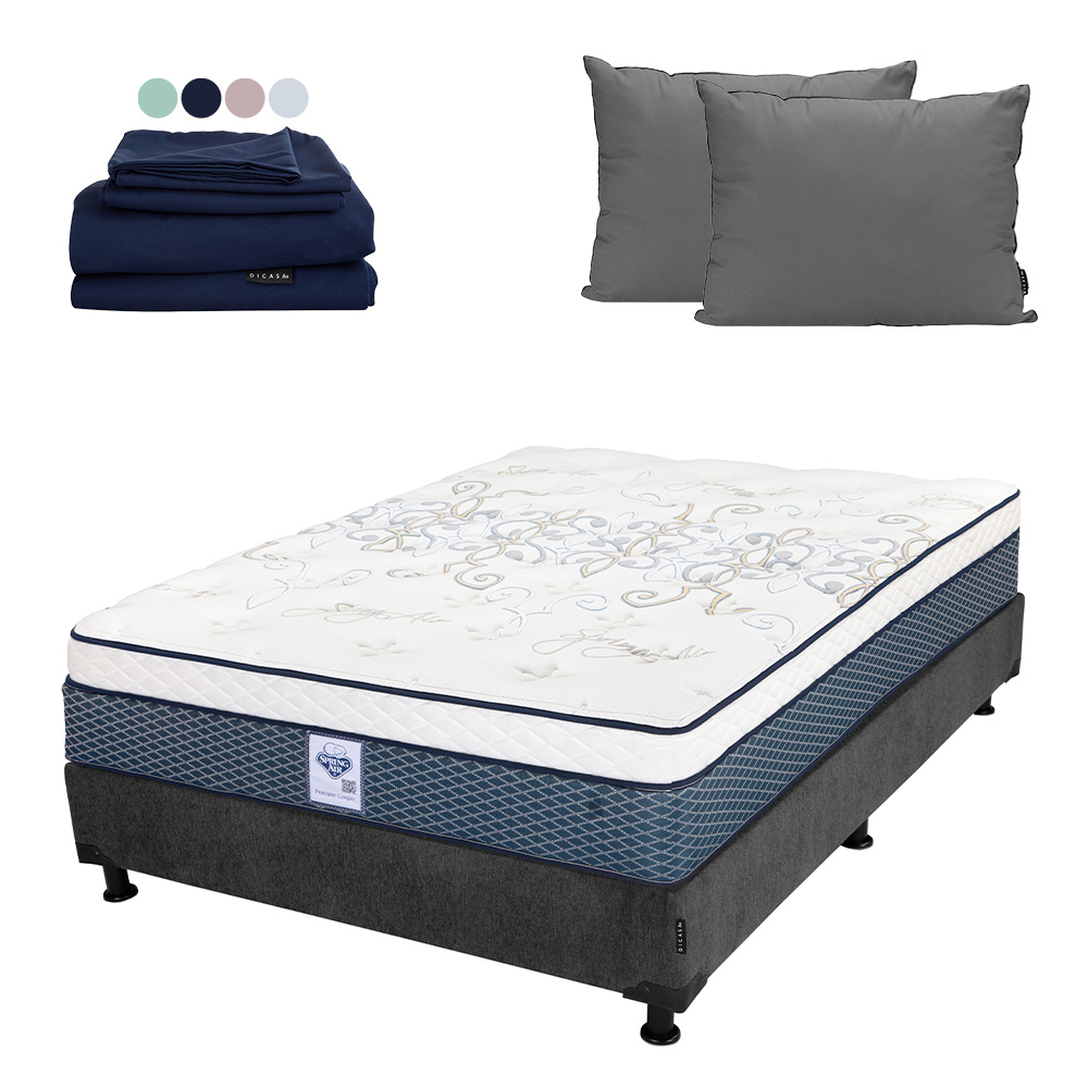 Colchon Spring Air Cantabria + Box Dicasa Matrimonial + Almohada 2pack + Sabanas Softy