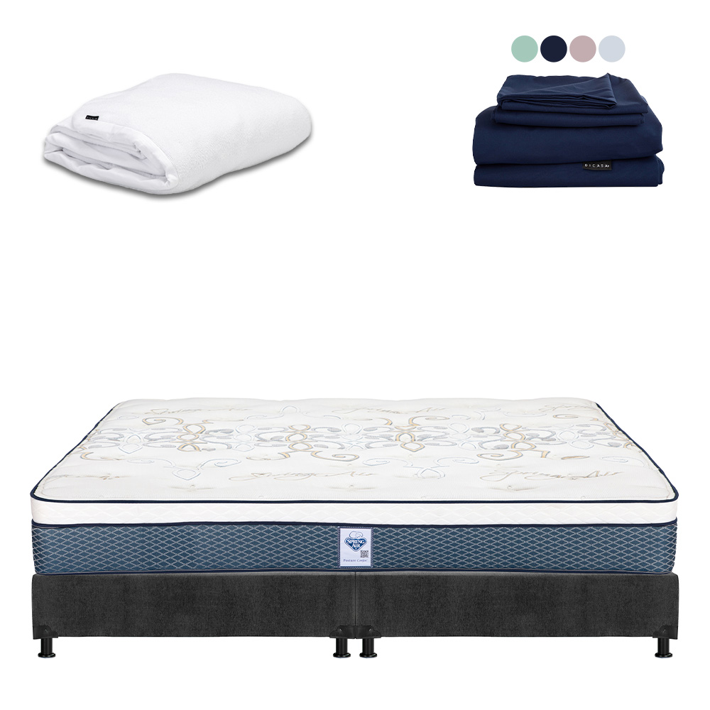 Colchon Spring Air Cantabria + Box Dicasa King Size + Protector Cloud + Sabanas Softy