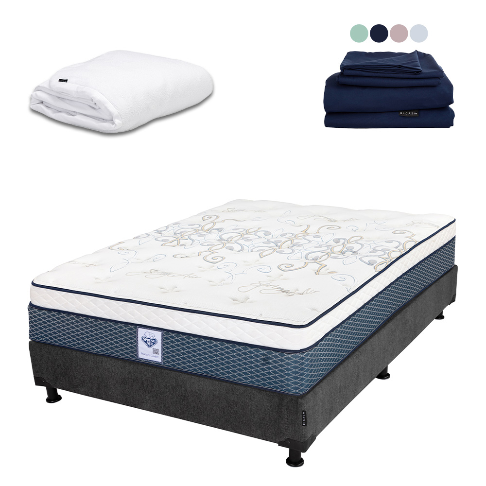 Colchon Spring Air Cantabria + Box Dicasa Queen Size + Protector Cloud + Sabanas Softy