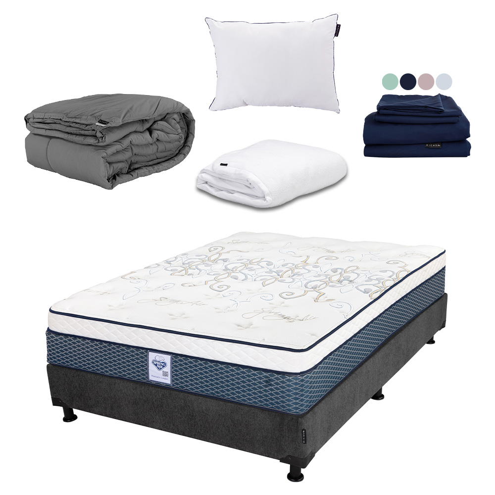 Colchon Spring Air Cantabria + Box Dicasa Queen Size + Almohada One + Protector Cloud + Sabanas Softy + Edredon Homy