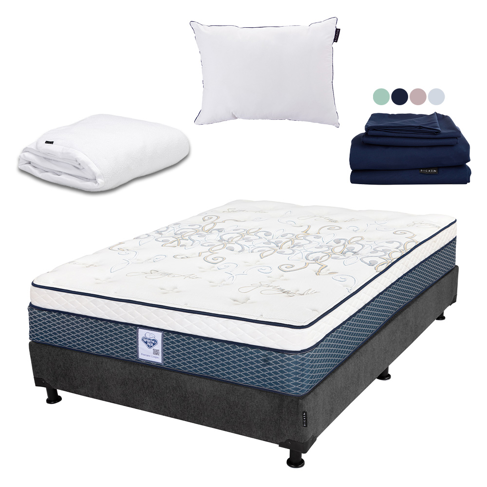 Colchon Spring Air Cantabria + Box Dicasa Queen Size + Almohada One + Protector Cloud + Sabanas Softy