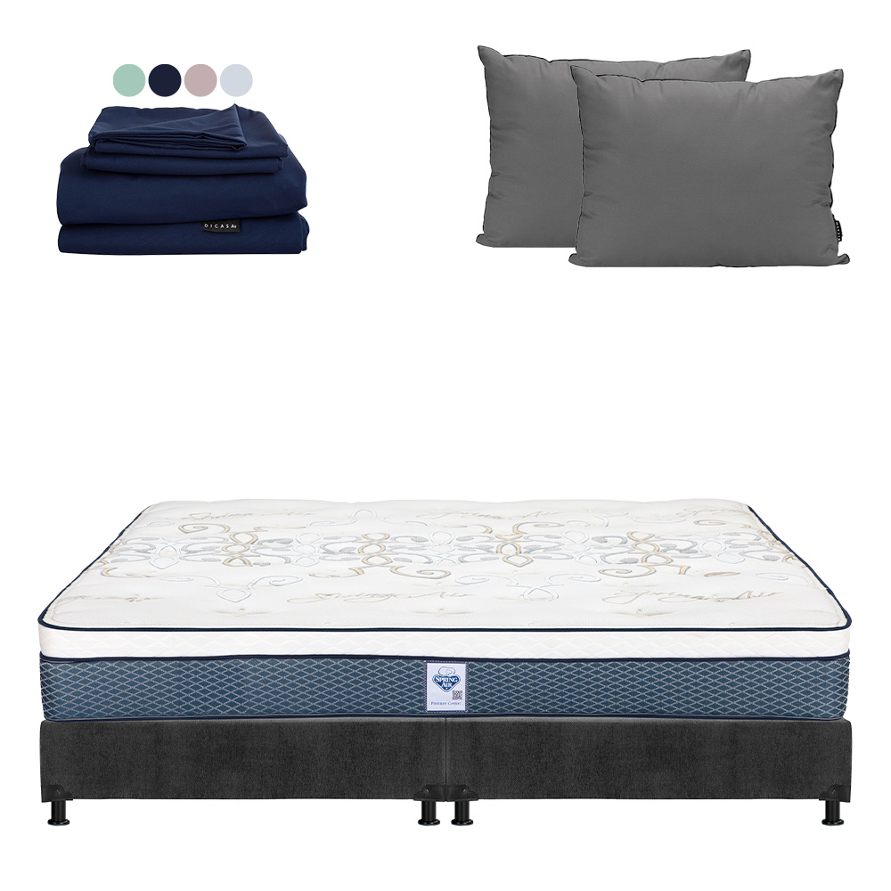 Colchon Spring Air Cantabria + Box Dicasa King Size + Almohada 2pack + Sabanas Softy