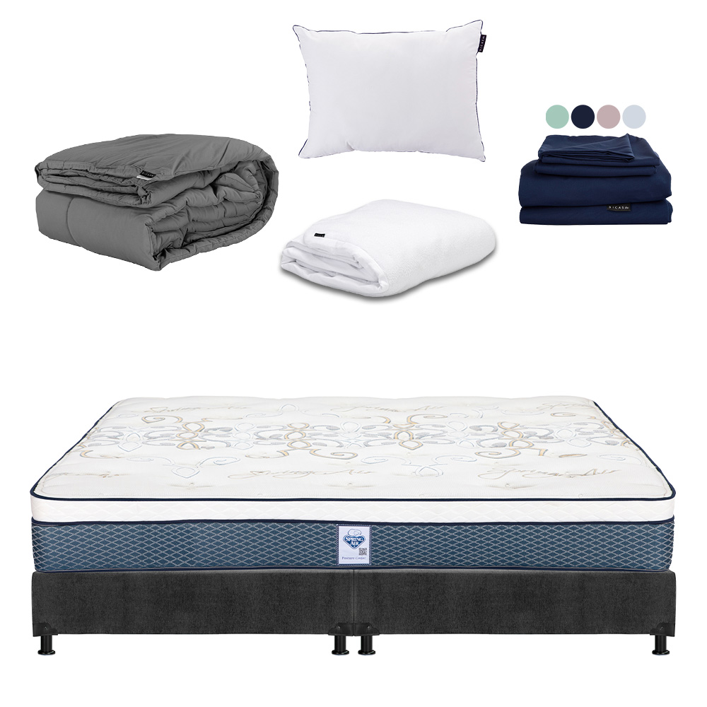 Colchon Spring Air Cantabria + Box Dicasa King Size + Almohada One + Protector Cloud + Sabanas Softy + Edredon Homy