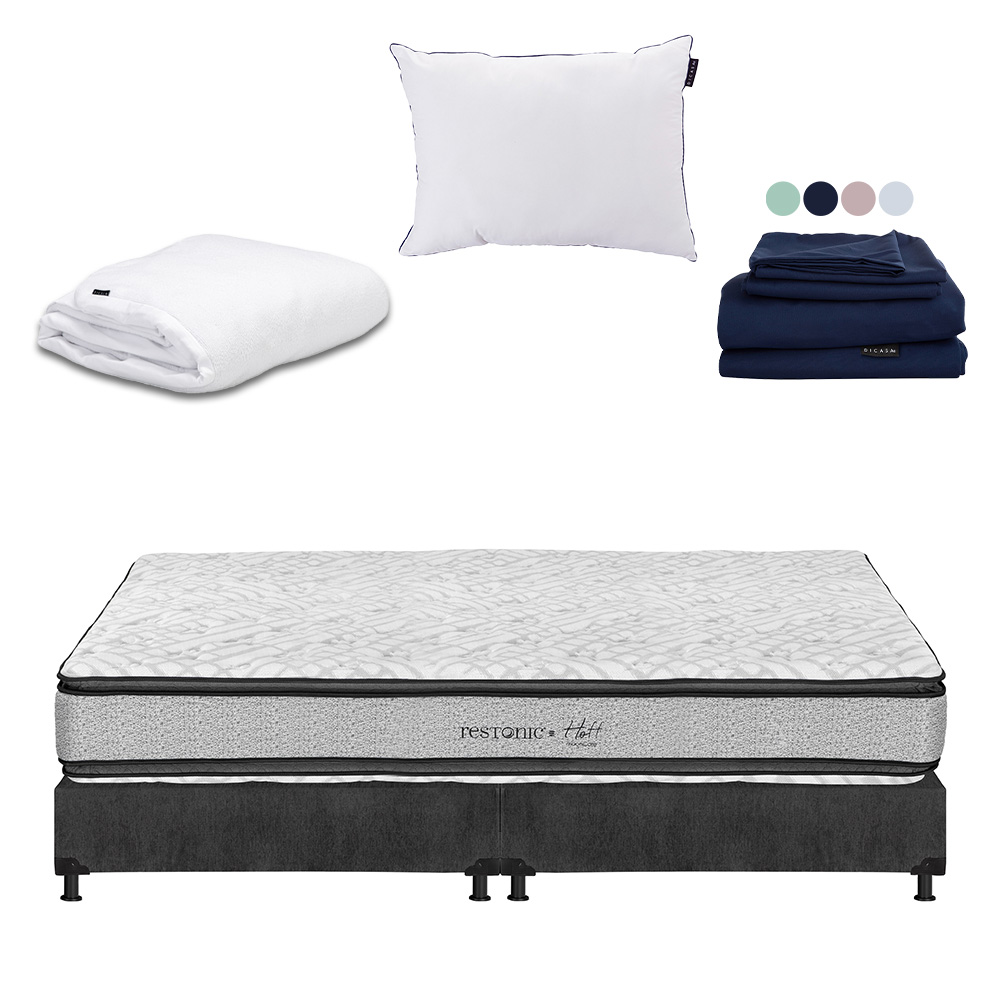 Colchón Restonic Hoff King Size + Box Dicasa Color Gris+almohada One+protector Cloud+sábanas Softy