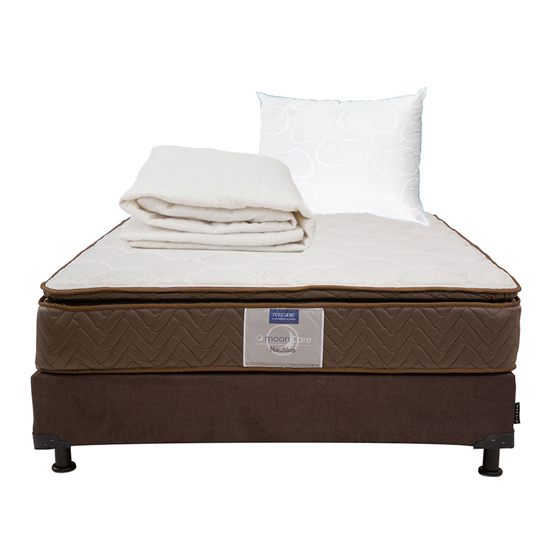 Colchón Restonic Nautilus Individual + Box Dicasa Color Chocolate + Almohada Oso + Protector De Colchón Ultra