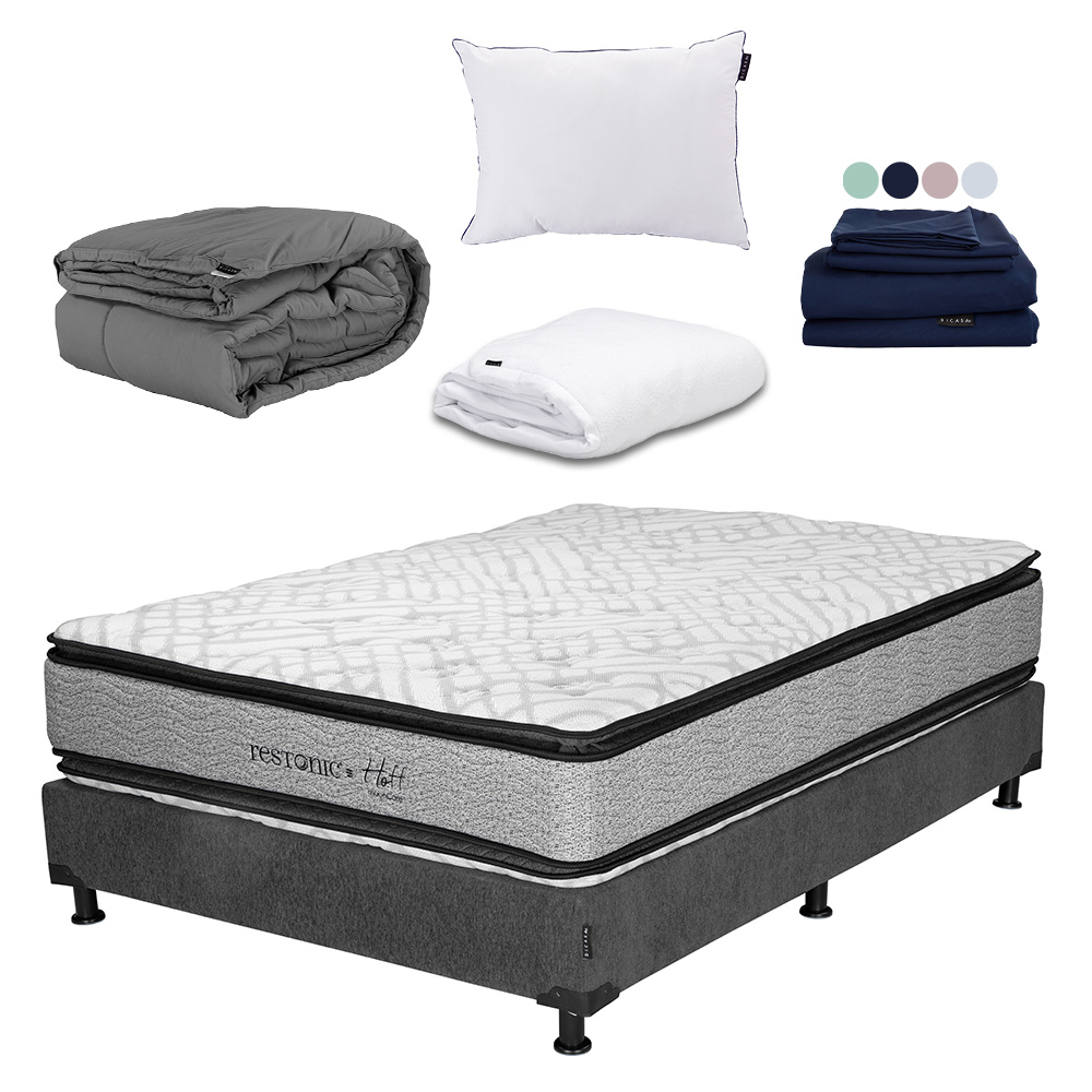 Foto 1 | Colchón Restonic Hoff Queen Size + Box Dicasa Color Gris+almohada One+protector Cloud+sábanas Softy+edredón Homy