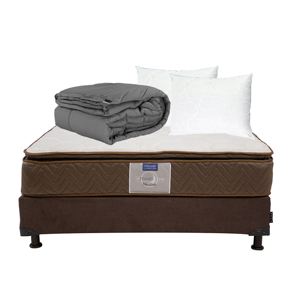 Colchón Restonic Nautilus Queen Size+box Dicasa Color Chocolate+ 2 Almohadas Oso+edredón Homy