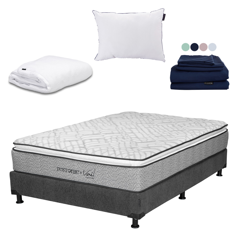 Foto 1 | Colchón Restonic Vail Matrimonial + Box Dicasa Color Gris Carbón + Almohada One + Protector Cloud + Sábanas Softy