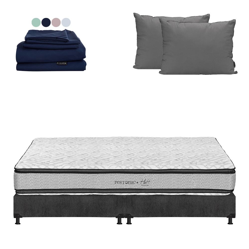 Colchón Restonic Hoff King Size + Box Dicasa Color Gris+almohada 2 Pack+sábanas Softy