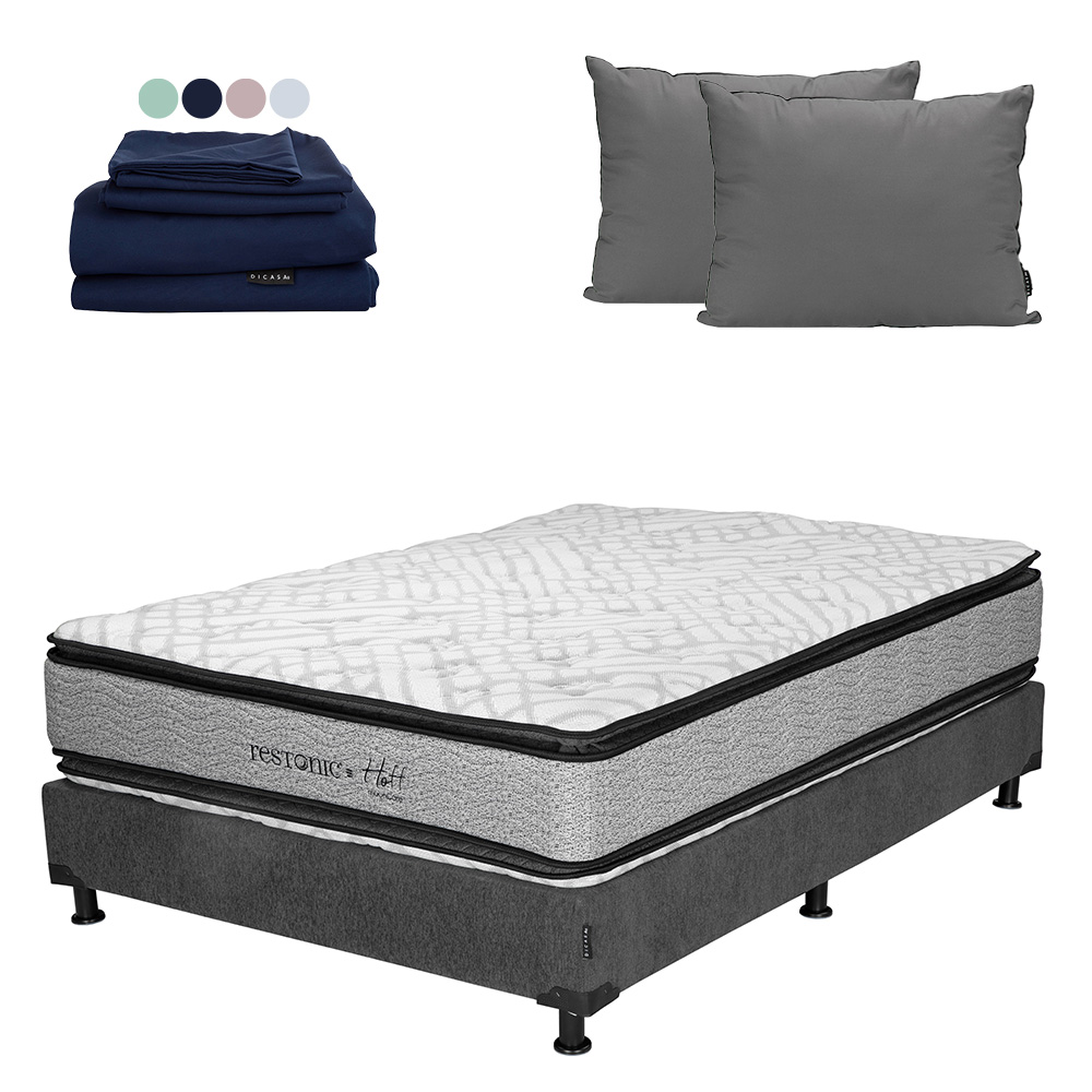 Colchón Restonic Hoff Queen Size + Box Dicasa Color Gris+almohada 2 Pack+sábanas Softy