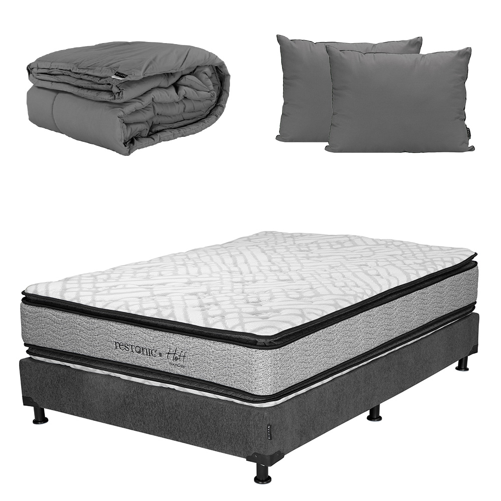 Colchón Restonic Hoff Queen Size + Box Dicasa Color Gris+almohada 2 Pack+edredón Homy