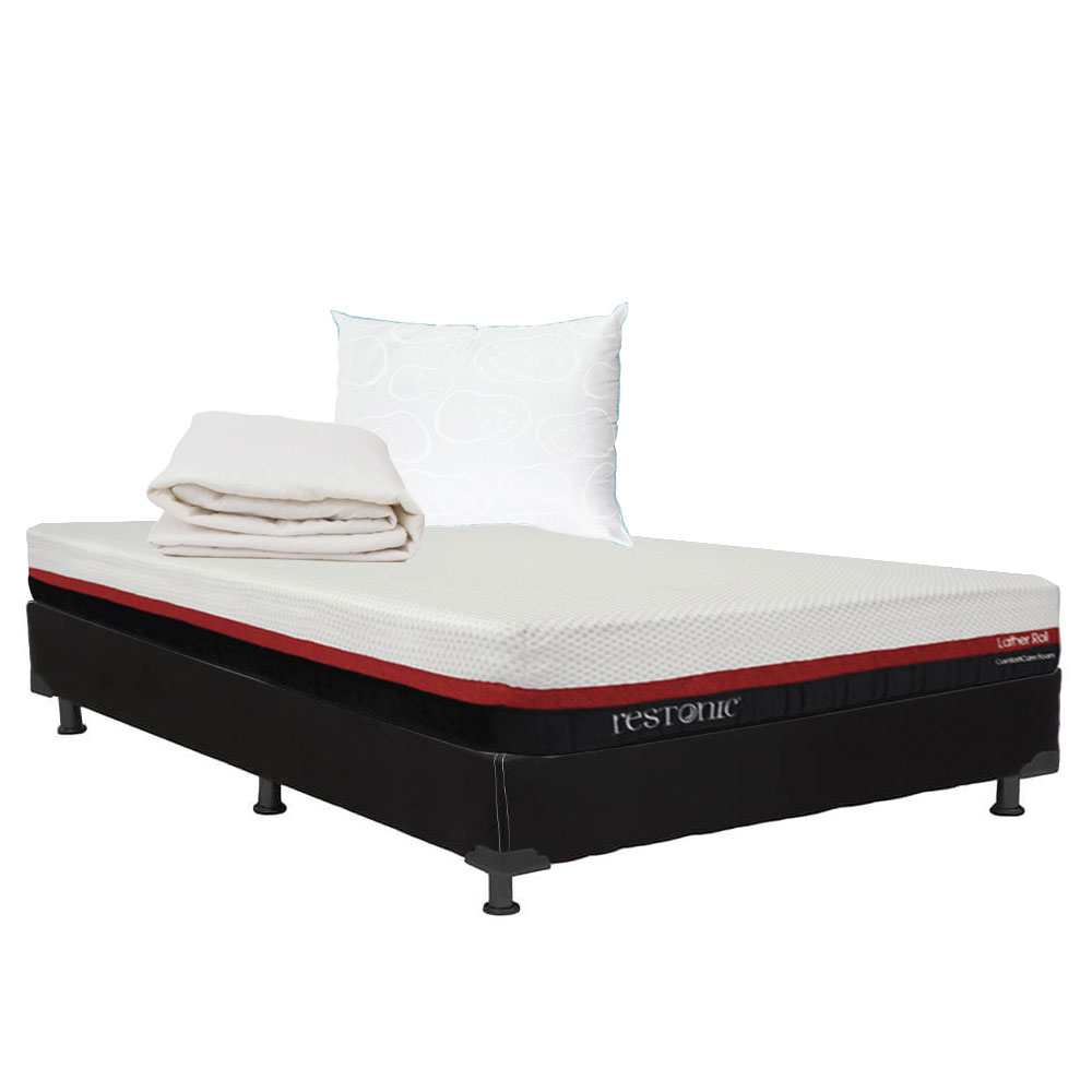 Colchón Restonic Roll Individual + Box Dicasa Color Negro + Almohada Oso + Protector De Colchón Ultra