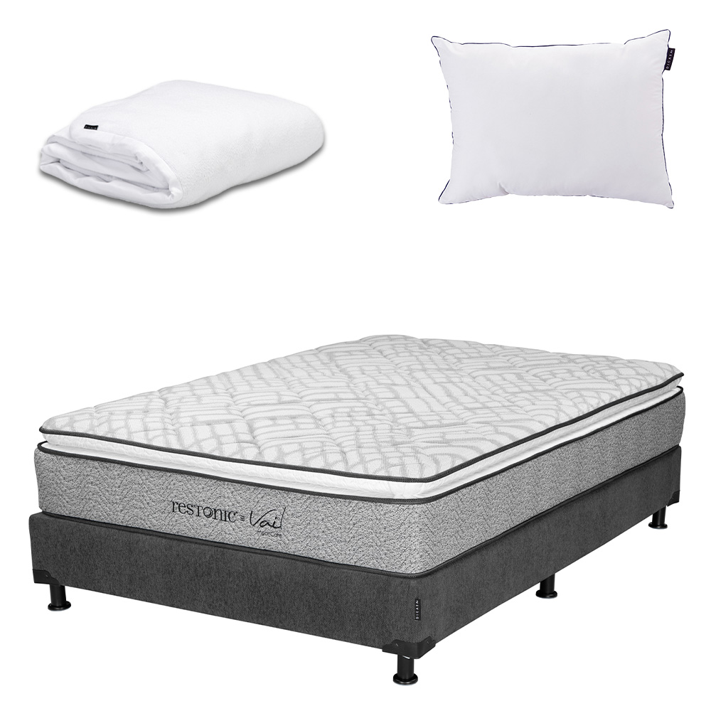 Foto 1 | Colchón Restonic Vail Queen Size + Box Dicasa Color Gris Carbón + Almohada One + Protector Cloud