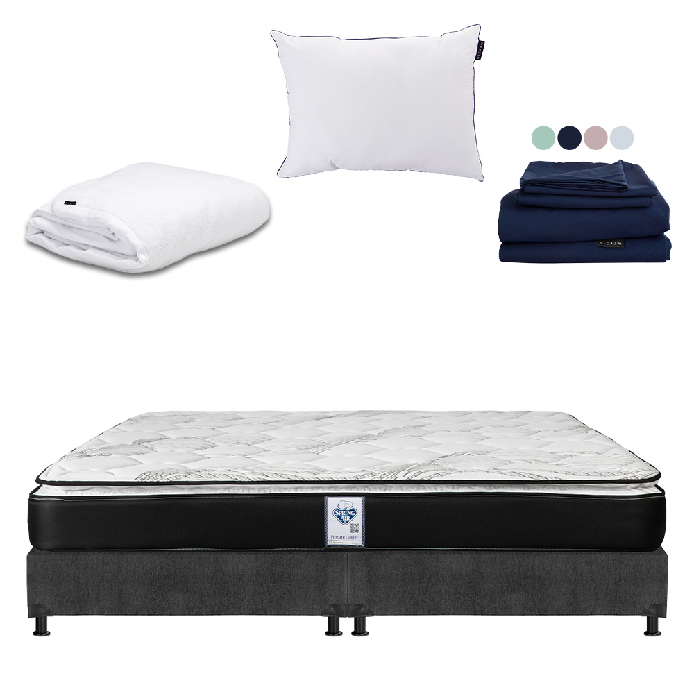Colchón Spring Air Premier King Size+box Dicasa Color Gris Oscuro+almohada One+protector Cloud+sábanas Softy