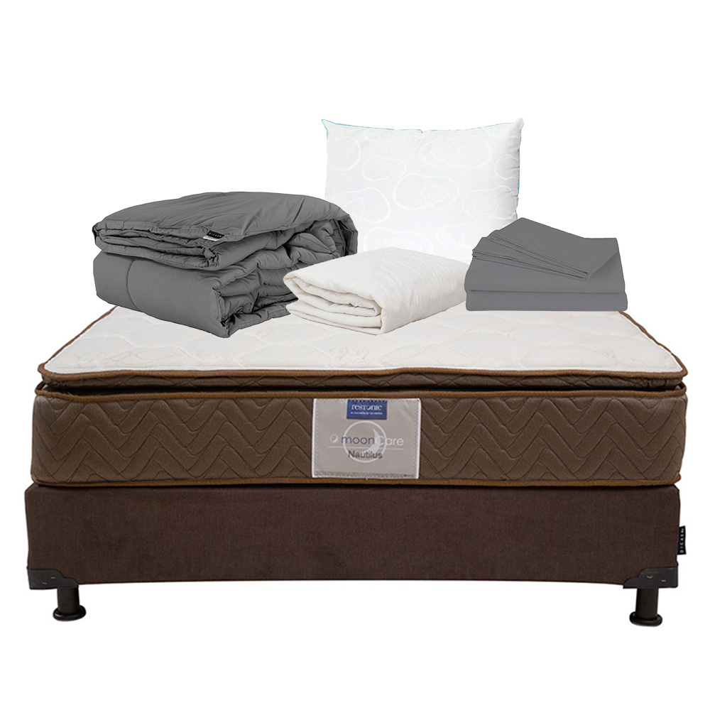 Colchón Restonic Nautilus Queen Size+box Dicasa Color Chocolate+almohada Oso+protector Ultra+sábanas+edredón Homy