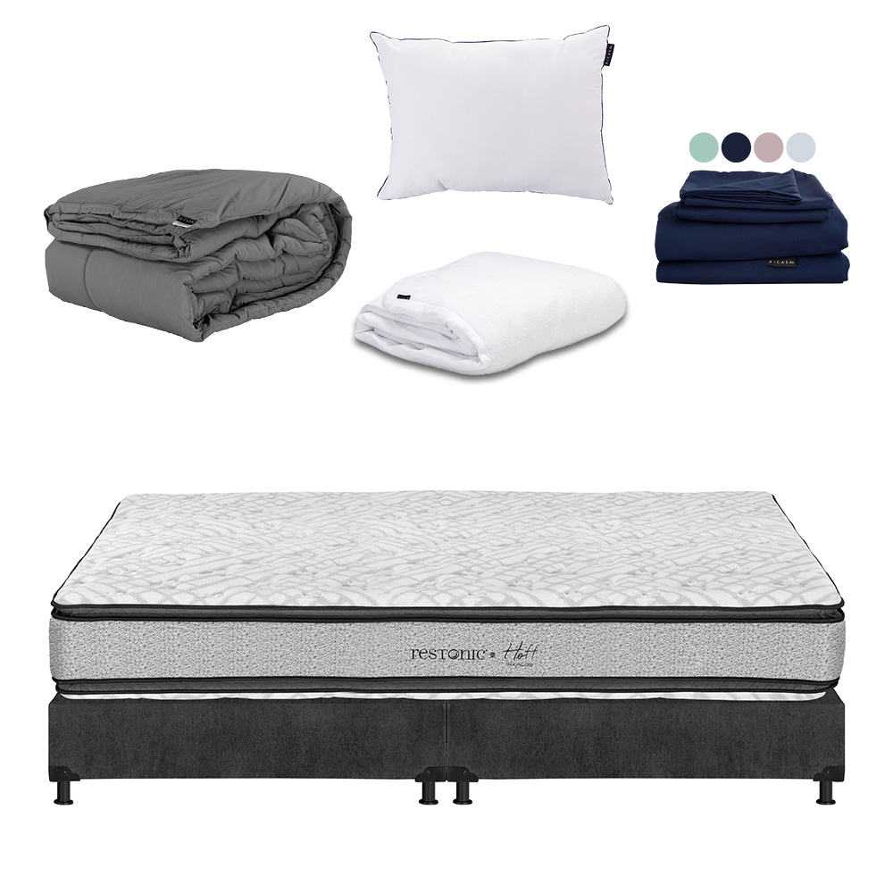 Colchón Restonic Hoff King Size + Box Dicasa Color Gris+almohada One+protector Cloud+sábanas Softy+edredón Homy