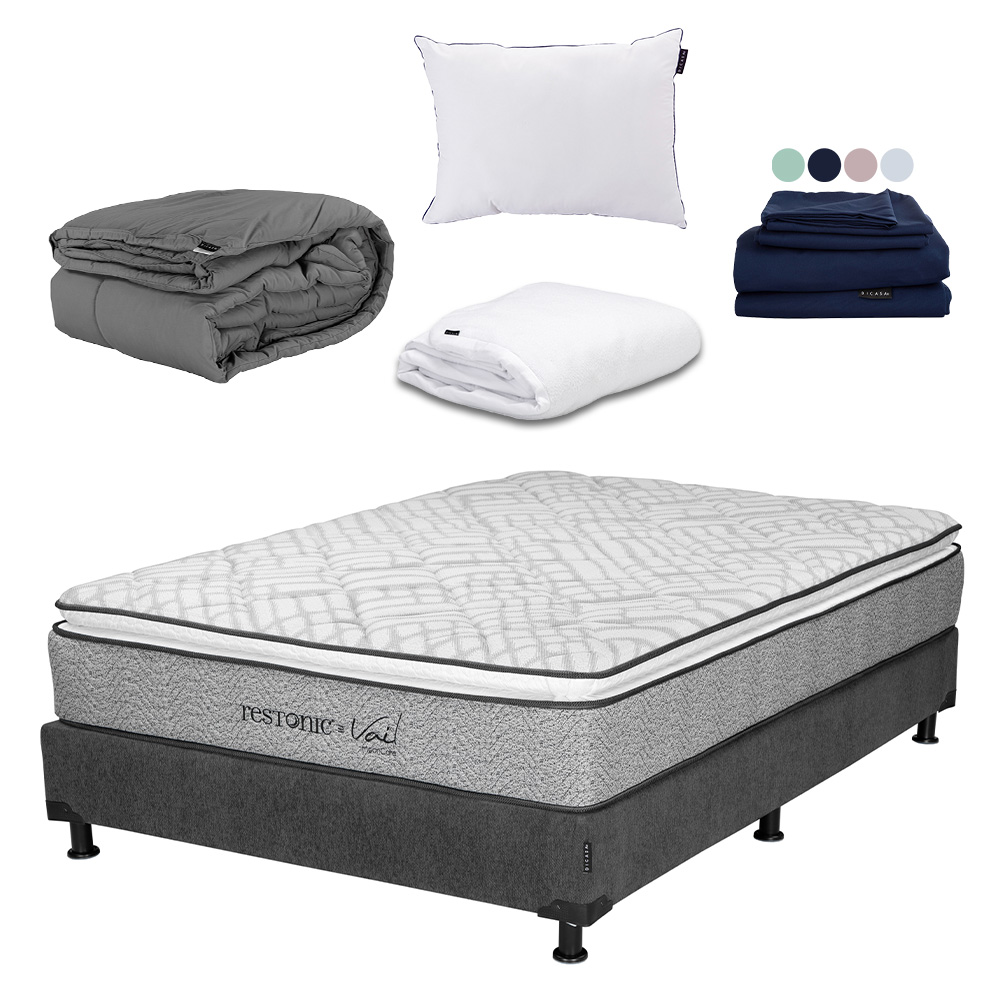 Foto 1 | Colchón Restonic Vail Matrimonial + Box Dicasa Color Gris Carbón + Almohada One + Protector Cloud + Sábanas