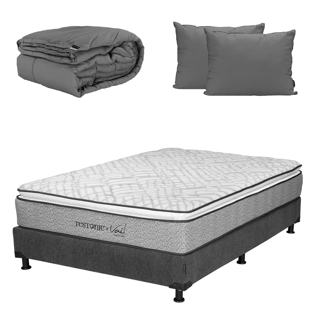 Foto 1 | Colchón Restonic Vail Matrimonial + Box Dicasa Color Gris Carbón + Almohada 2 Pack + Edredón Homy