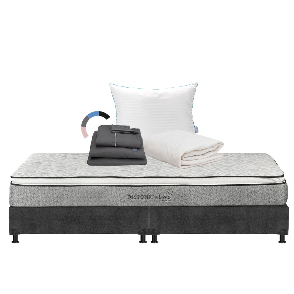 Colchón Restonic Vail King Size + Box Dicasa Color Gris Oscuro + Almohada Royal + Protector Ultra + Sábanas Royal $13,349