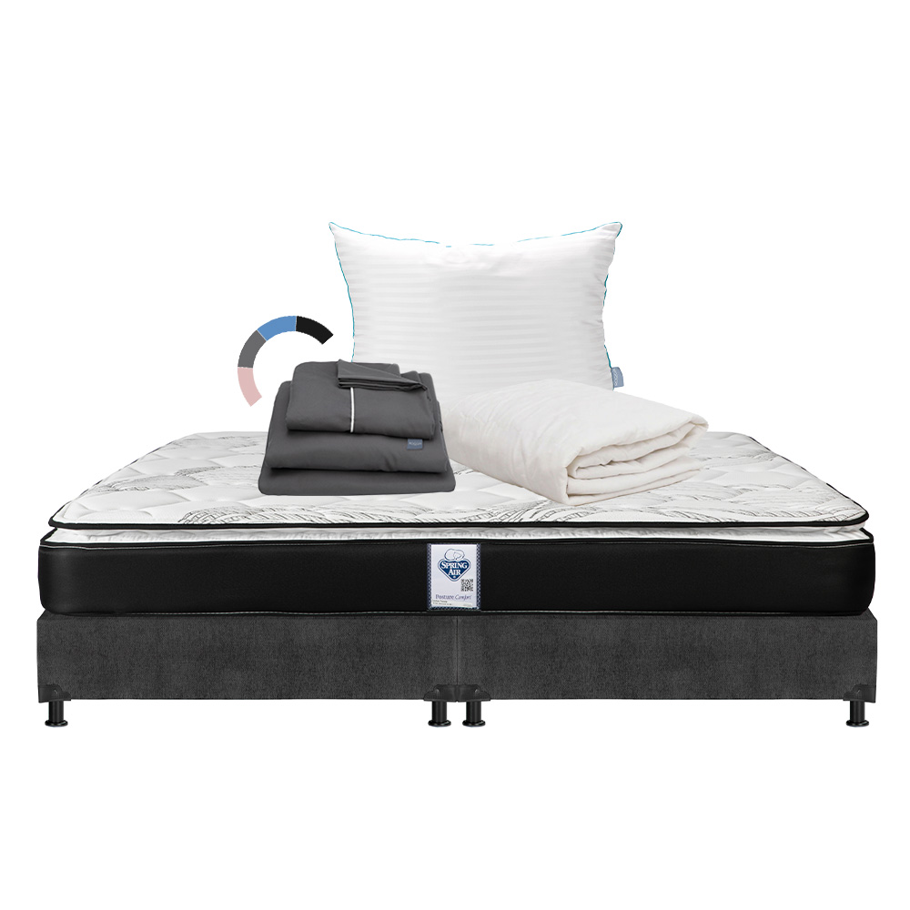 Colchón Spring Air Premier King Size + Box Dicasa Color Gris Oscuro + Almohada Royal + Protector Ultra + Sábanas Royal