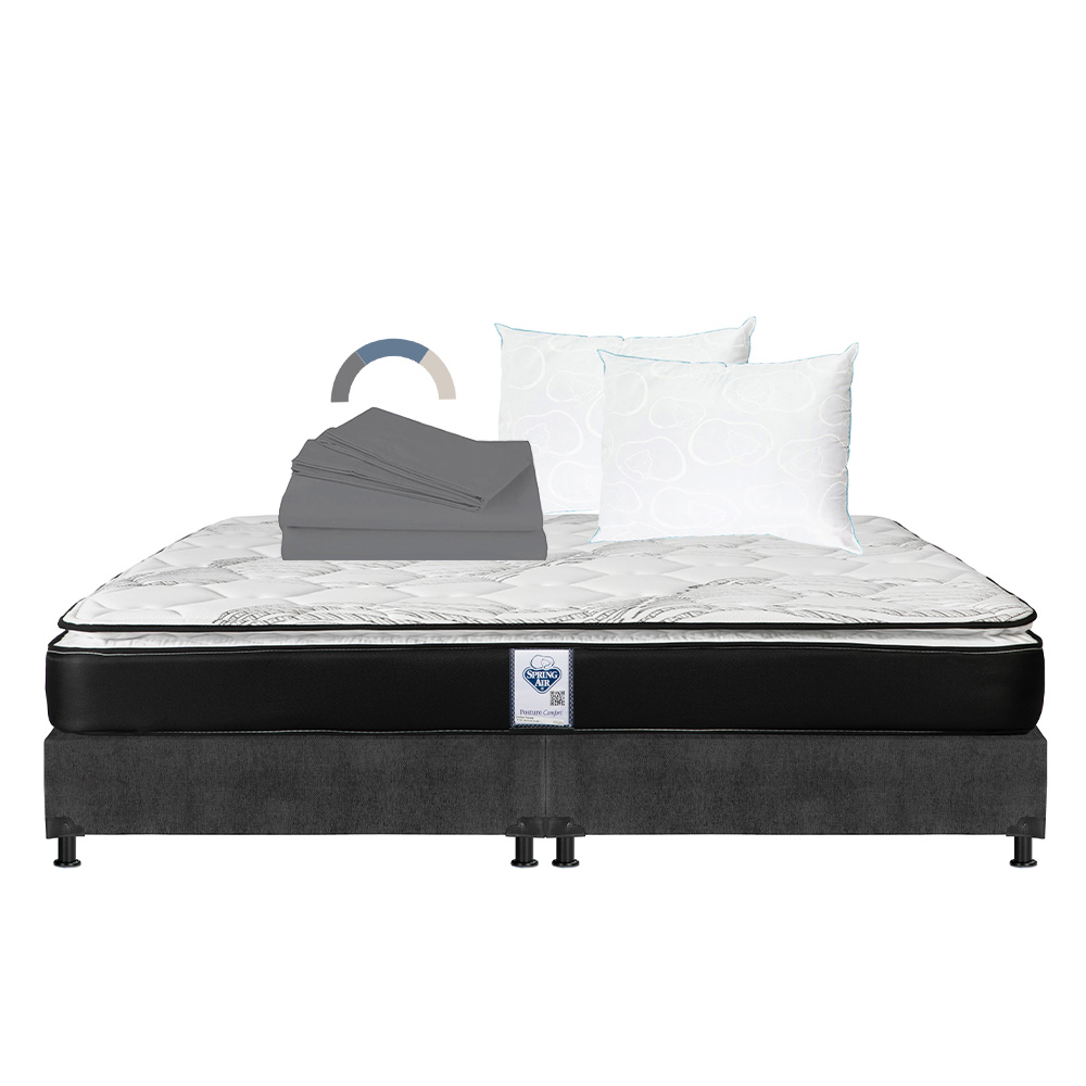 Colchón Spring Air Premier King Size + Box Dicasa Color Gris Oscuro + 2 Almohadas Oso + Sábanas Spring Air Soft