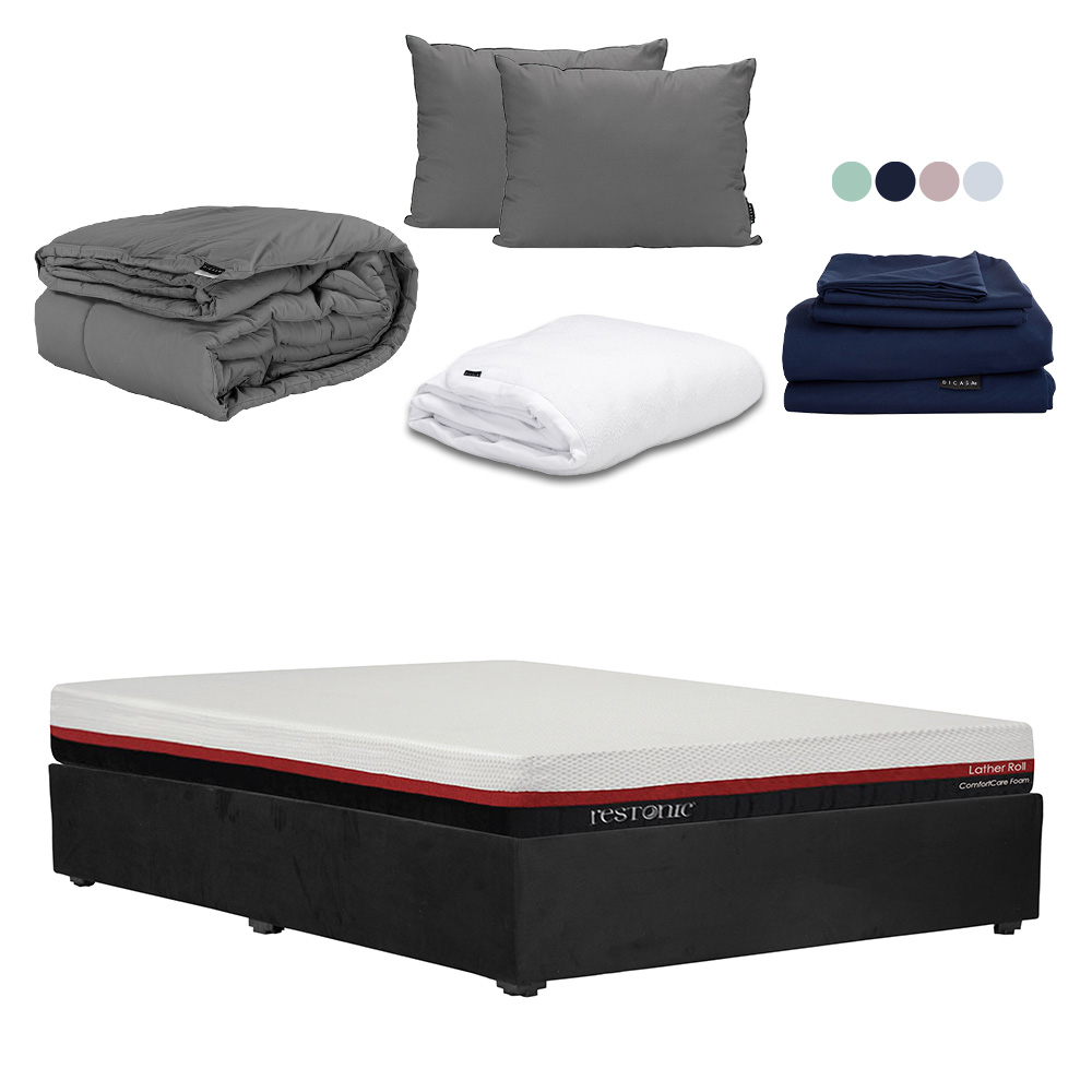 Colchón Dicasa Roll Base Color Negro Matrimonial+base Cama+almohada 2pack+protector Cloud+sábanas Softy+edredon Homy