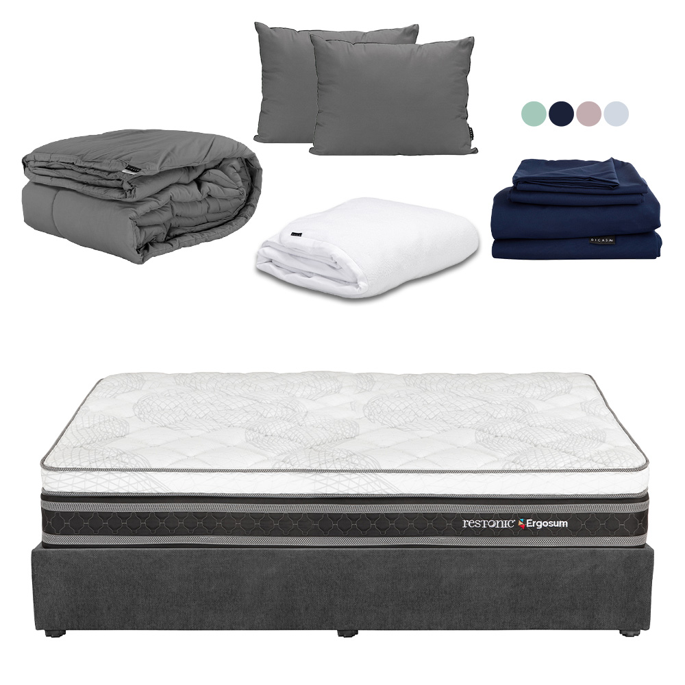 Foto 2 pulgar | Colchón Restonic Ergosum Color Gris  King Size+base Cama+almohada 2pack+protector Cloud+sabanas Softy+edredon Homy