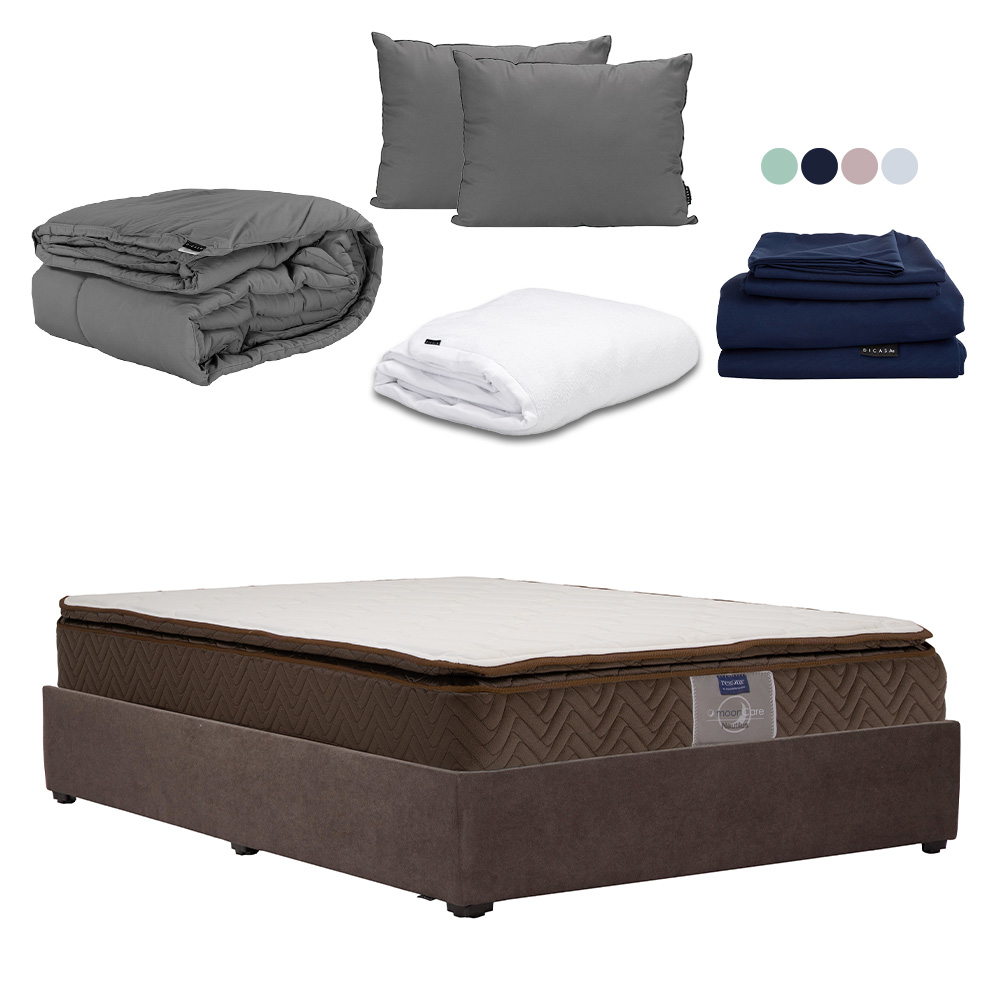 Foto 2 pulgar | Colchón Restonic Nautilus Color Café Queen Size+base Cama+almohada 2pack+protector Cloud+sabanas Softy+edredon Homy