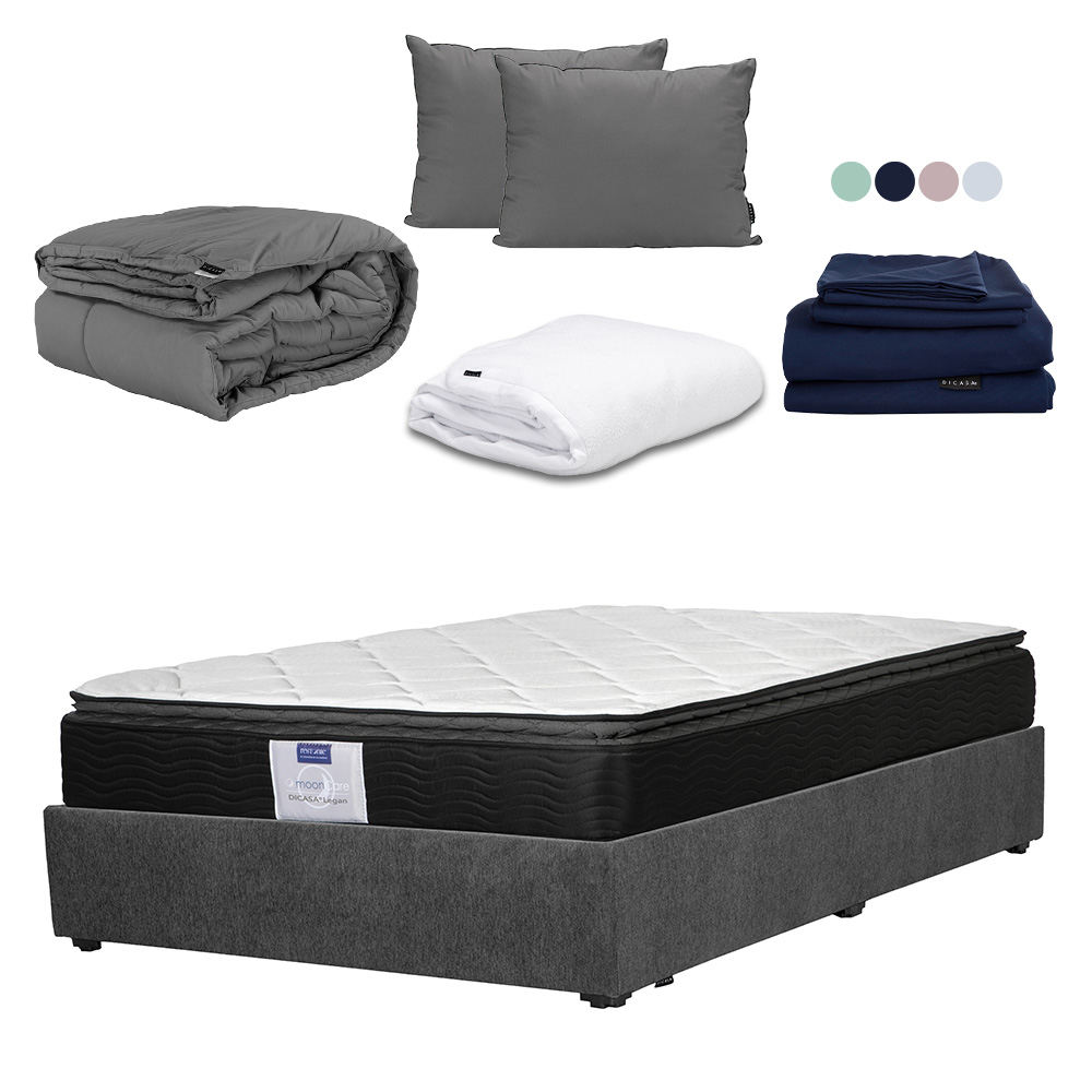 Colchón Restonic Legan Color Gris  Matrimonial+base Cama+almohada 2pack+protector Cloud+sabanas Softy+edredon Homy