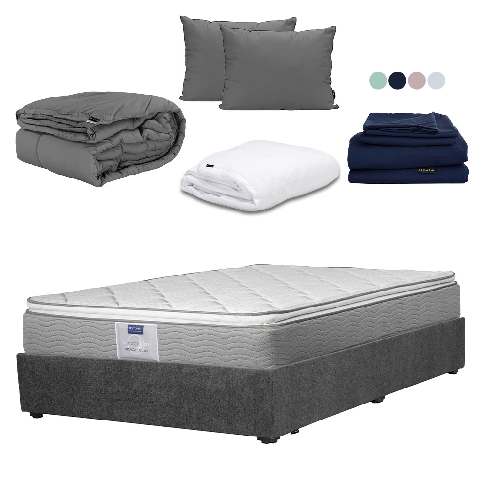 Colchón Dicasa Cupra Color Gris Carbon Matrimonial+base Cama+almohada 2pack+protector Cloud+sabanas Softy+edredon Homy