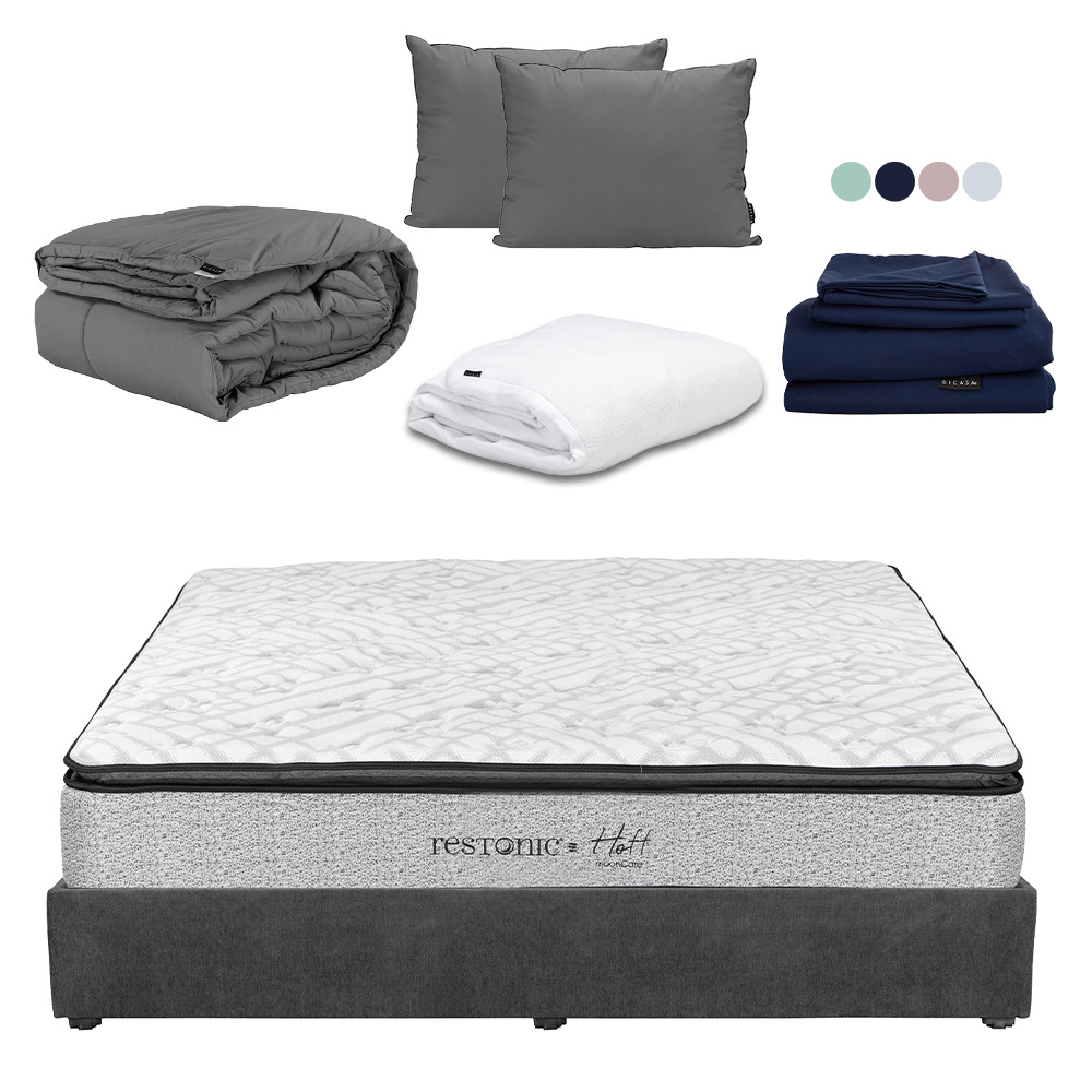 Colchón Restonic Hoff Color Gris  King Size+base Cama+almohada 2pack+protector Cloud+sabanas Softy+edredon Homy