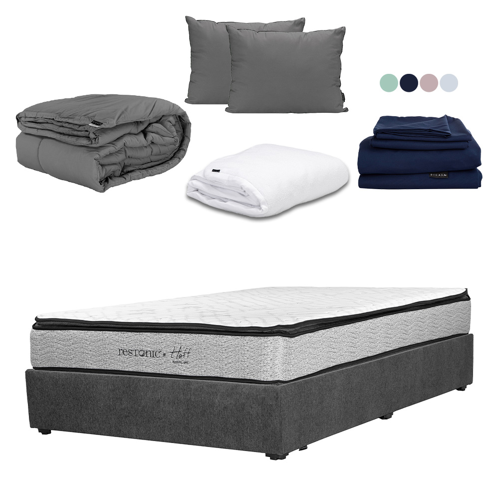 Colchón Restonic Hoff Color Gris  Matrimonial+base Cama+almohada 2pack+protector Cloud+sabanas Softy+edredon Homy