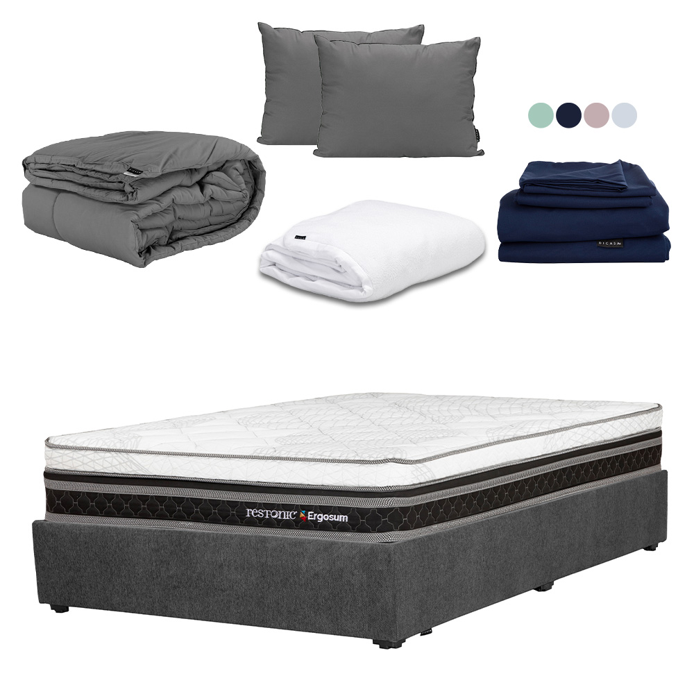 Colchón Restonic Ergosum Color Gris  Matrimonial+base Cama+almohada 2pack+protector Cloud+sabanas Softy+edredon Homy
