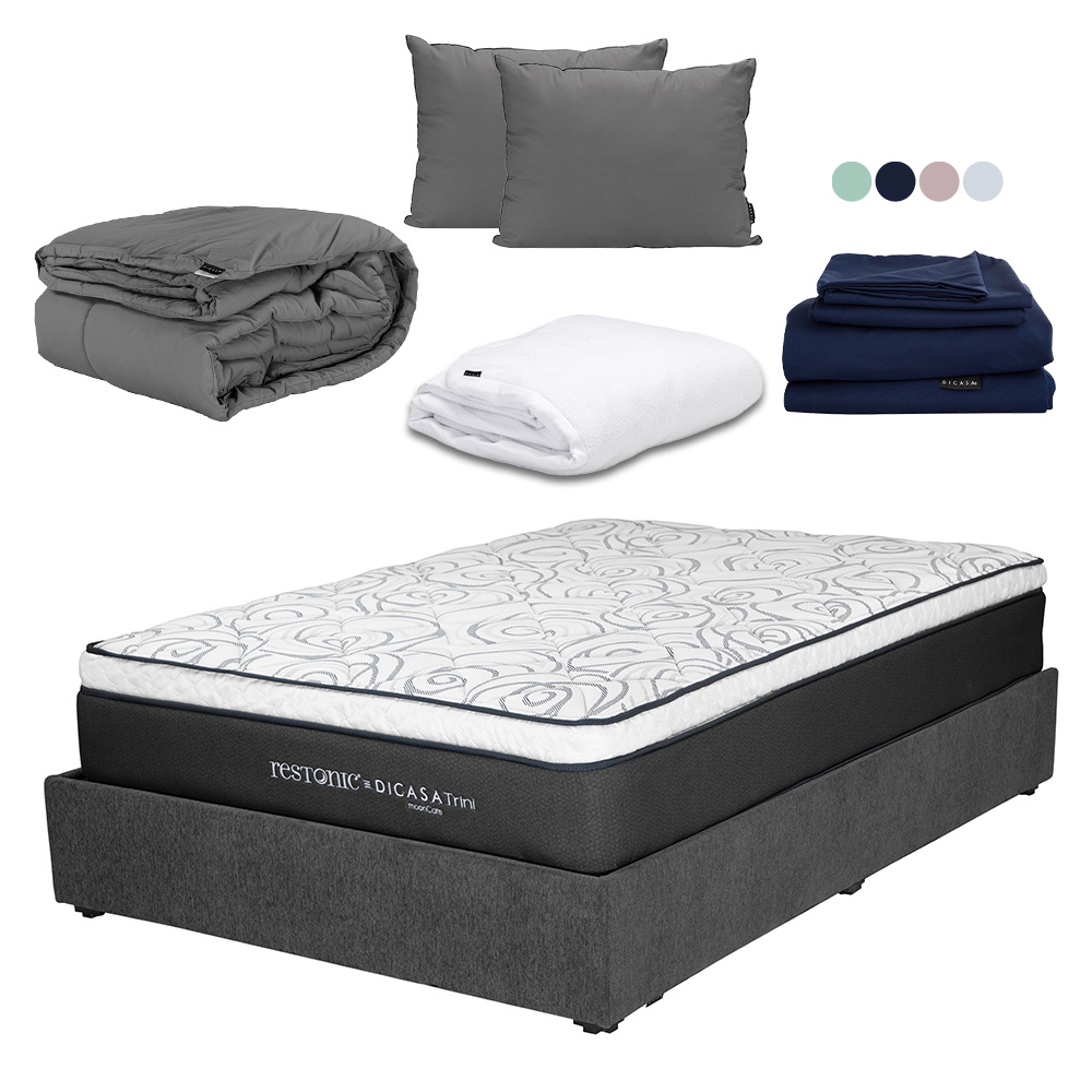 Colchón Dicasa Trini Color Gris Carbon King Size+base Cama+almohada 2pack+protector Cloud+sabanas Softy+edredon Homy
