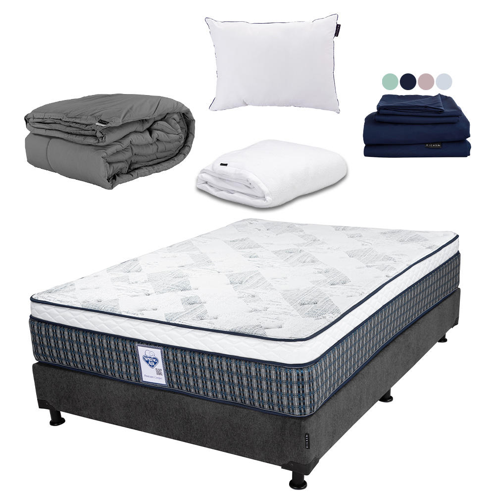 Colchón Spring Air Cardona Color Gris Carbon Matrimonial +box+almohada One+protector Cloud+sabanas Softy+edredon Homy