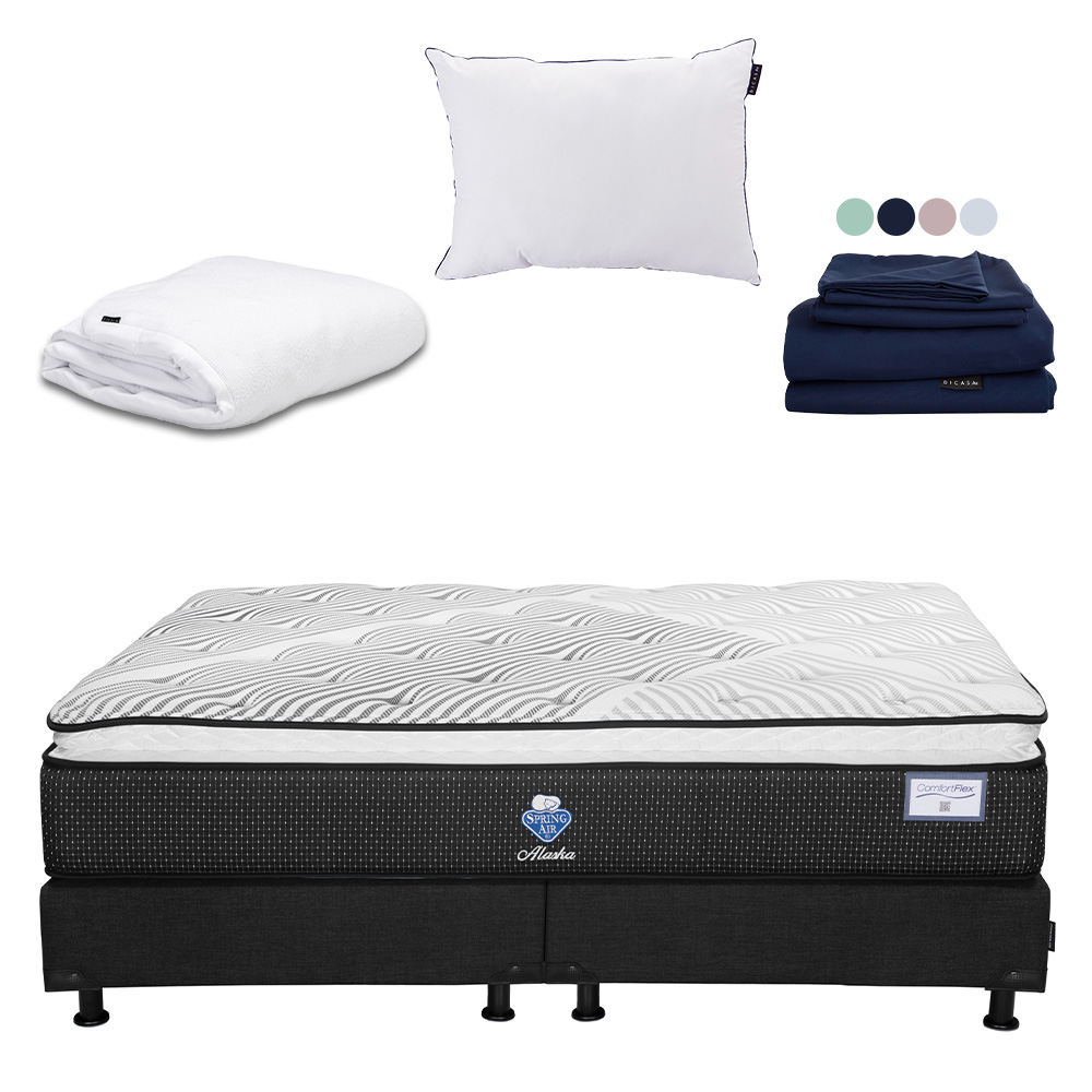 Colchón Spring Air Alaska Color Negro King Size + Box + Almohada One + Protector Cloud + Sábanas Softy