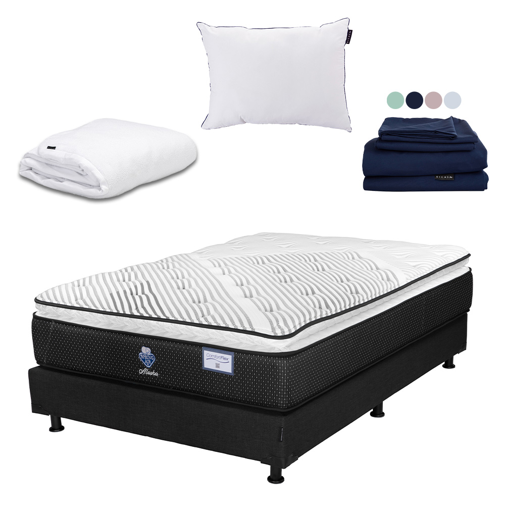 Foto 1 | Colchón Spring Air Alaska Color Negro Queen Size + Box + Almohada One + Protector Cloud + Sábanas Softy