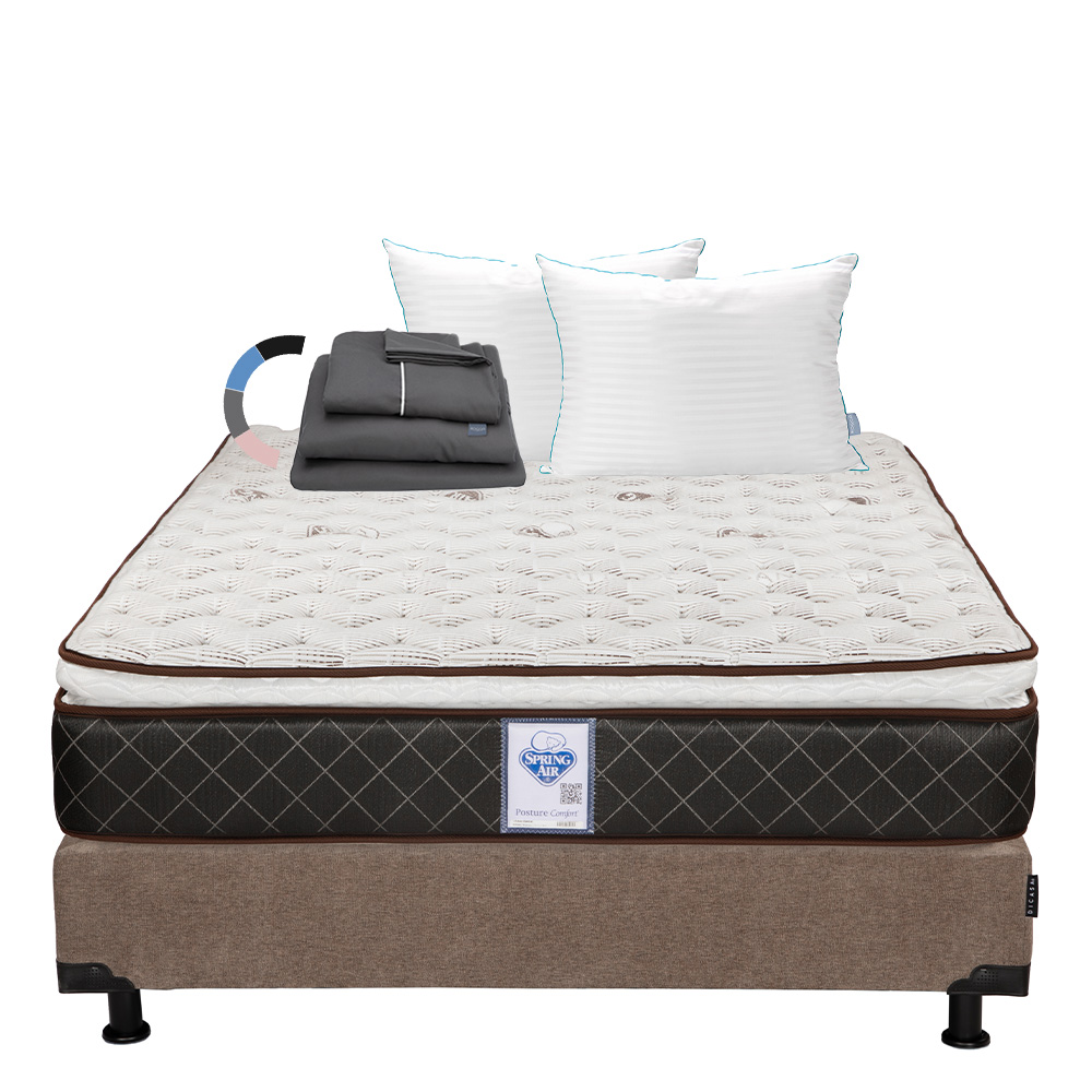 Colchón Spring Air Minesota + Box Color Café + Almohada Royal Twin + Sábanas Royal Matrimonial