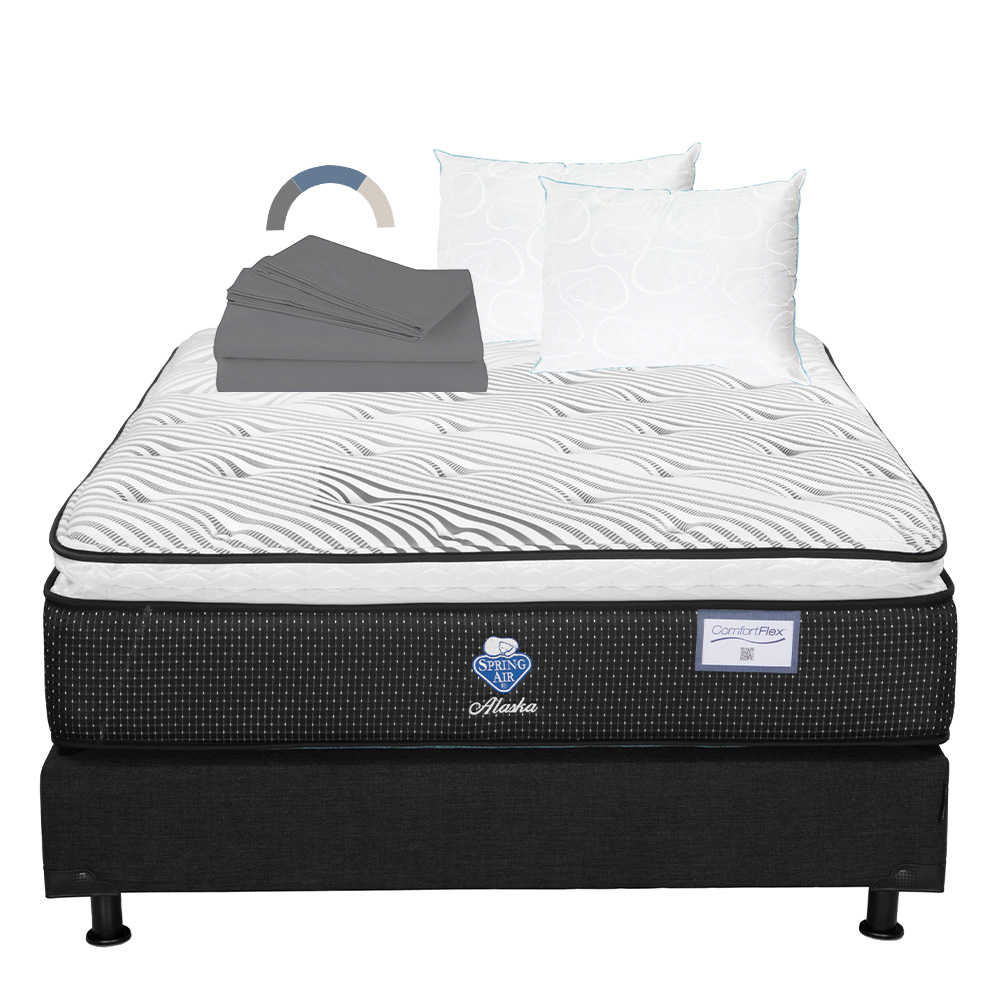 Colchón Spring Air Alaska + Box Color Negro + 2 Almohadas Osos + Sábanas Basic Matrimonial