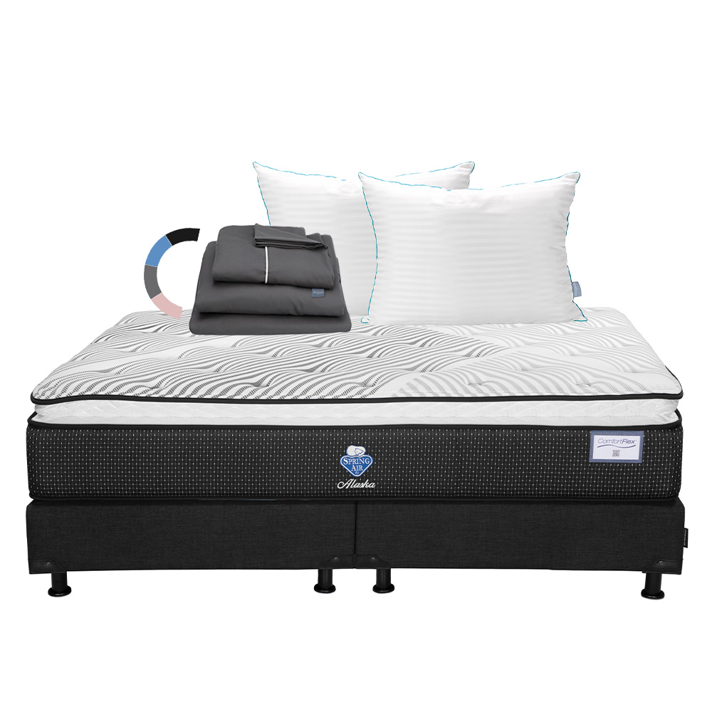 Colchón Spring Air Alaska + Box Color Negro + Almohada Royal Twin + Sábanas Royal King Size