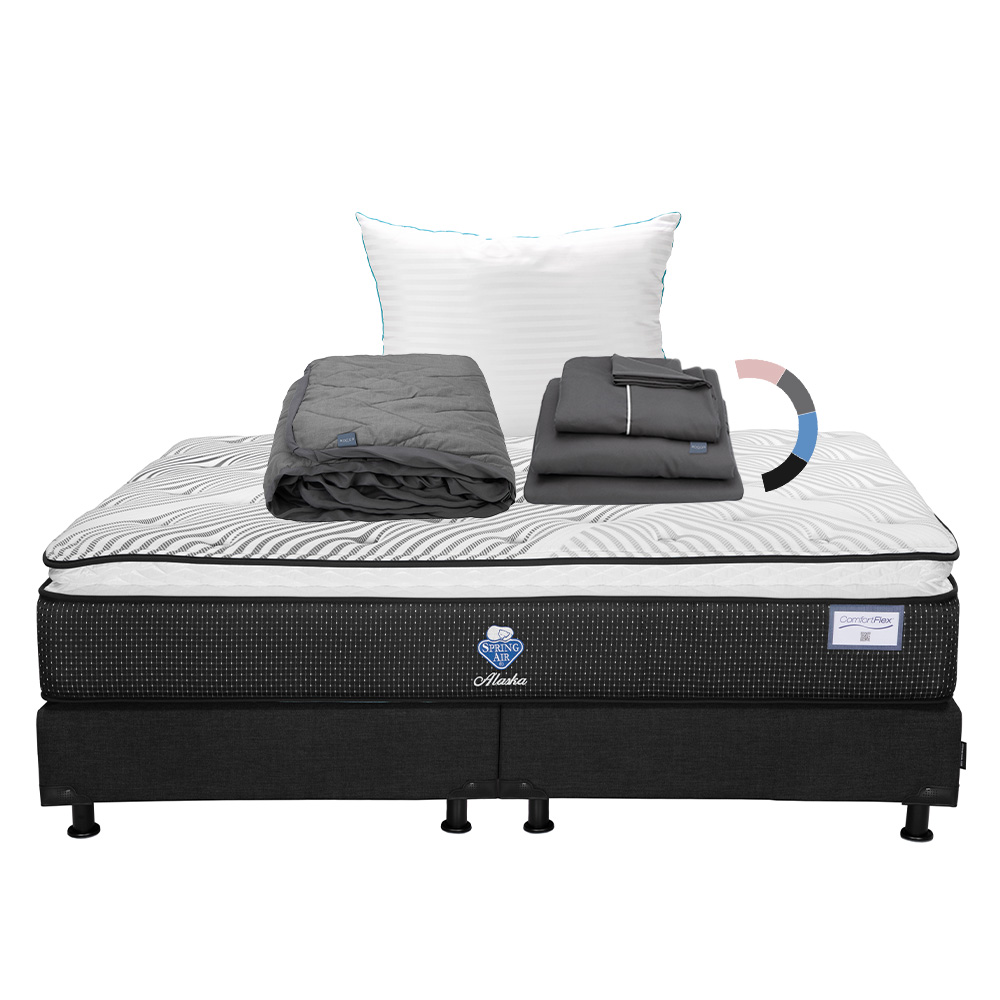 Colchón Spring Air Alaska + Box Color Negro + Almohada Royal + Protector Lux + Sábanas Royal King Size
