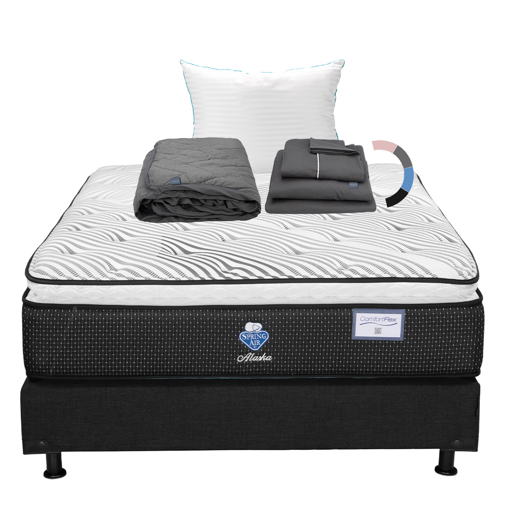 Colchón Spring Air Alaska + Box Color Negro + Almohada Royal + Protector Lux + Sábanas Royal Queen Size