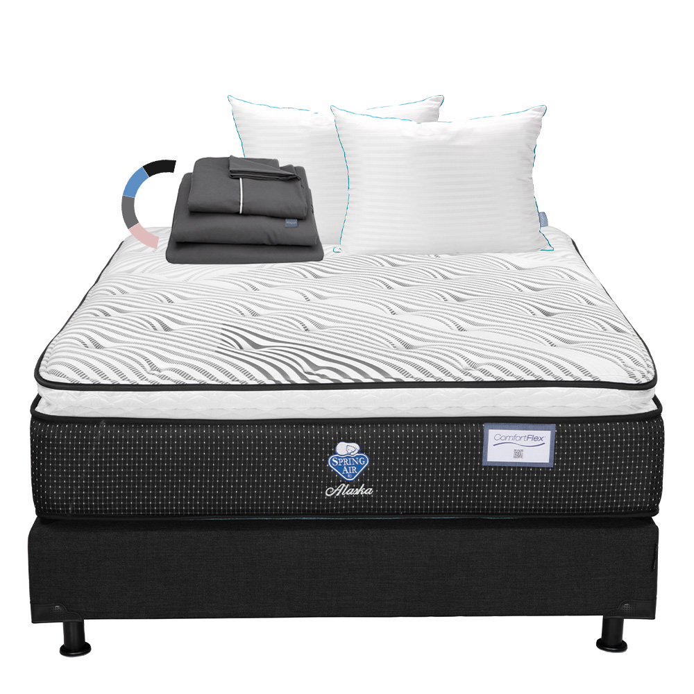 Colchón Spring Air Alaska + Box Color Negro + Almohada Royal Twin + Sábanas Royal Matrimonial
