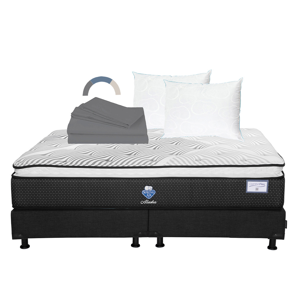 Colchón Spring Air Alaska + Box Color Negro + 2 Almohadas Osos + Sábanas Basic King Size