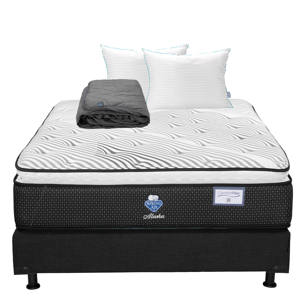 Colchón Spring Air Alaska + Box Color Negro + Almohada Royal Twin + Protector Lux Queen Size