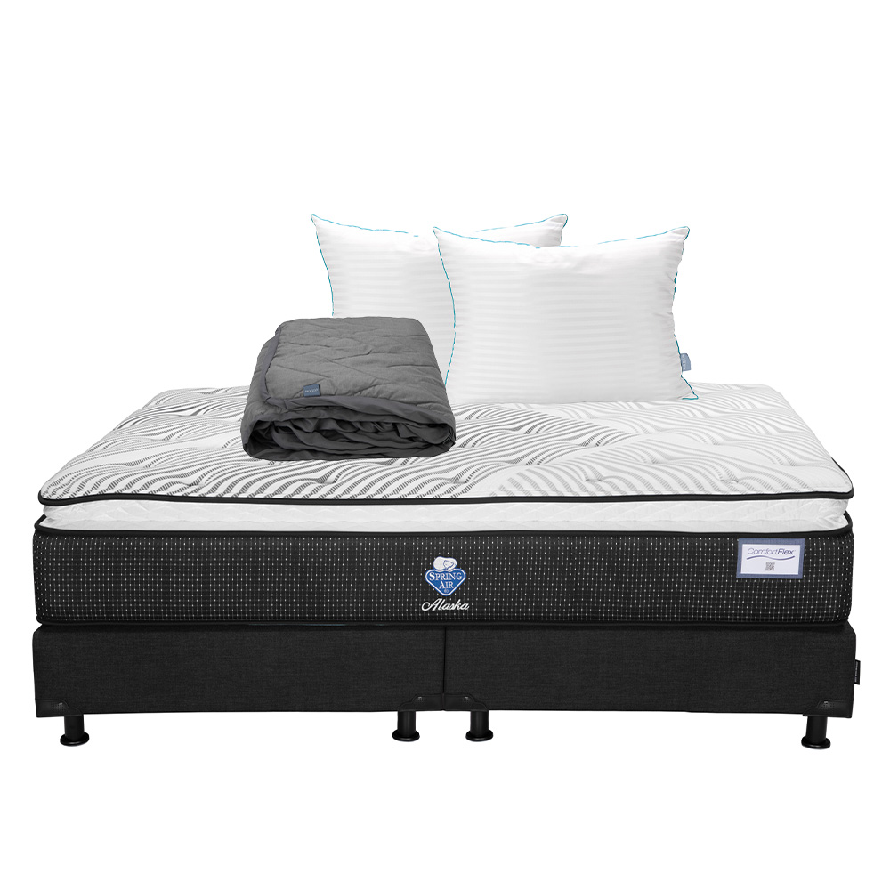 Colchón Spring Air Alaska + Box Color Negro + Almohada Royal Twin + Protector Lux King Size