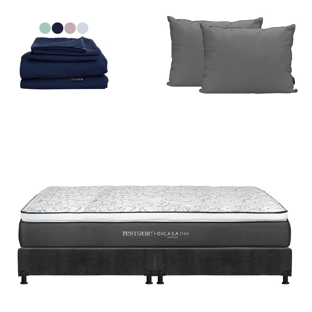 Colchón Restonic Trini Color Gris Carbon King Size + Box + Almohada 2pack + Sábanas Softy