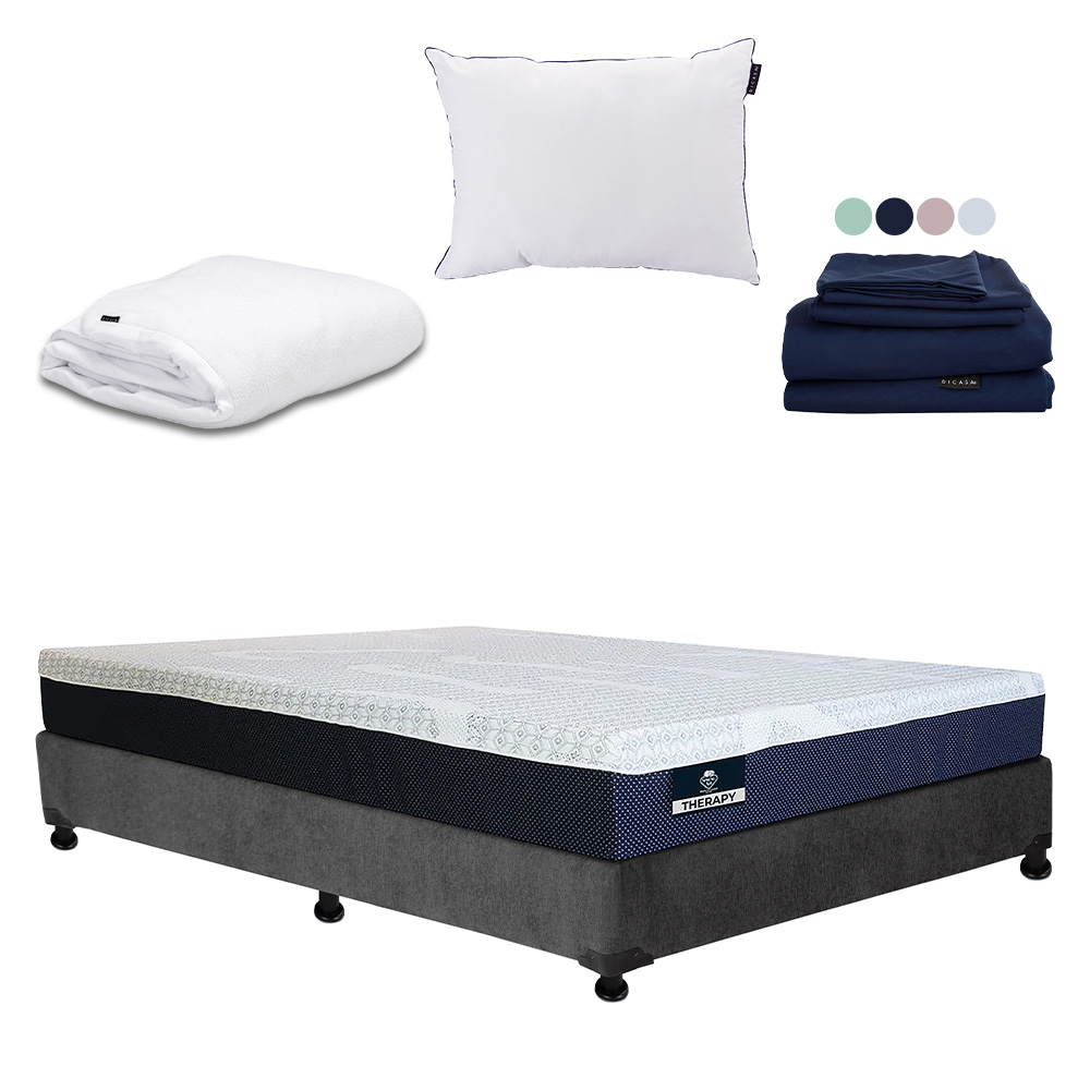 Colchón Spring Air Therapy Color Gris Carbon Queen Size + Box + Almohada One + Protector Cloud + Sábanas Softy