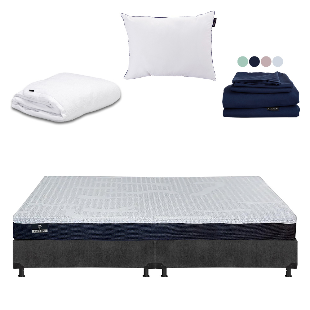 Colchón Spring Air Therapy Color Gris Carbon King Size + Box + Almohada One + Protector Cloud + Sábanas Softy