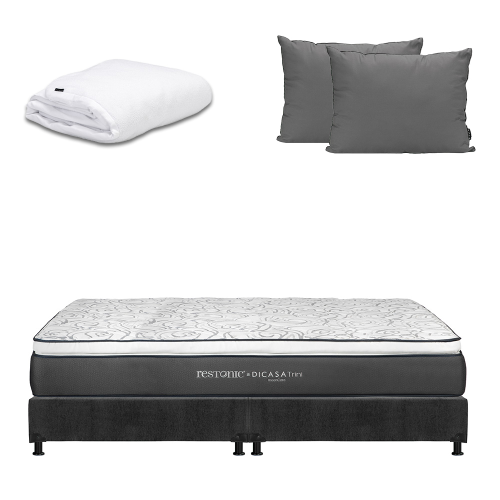 Colchón Restonic Trini Color Gris Carbon King Size + Box + Almohada 2pack + Protector Cloud